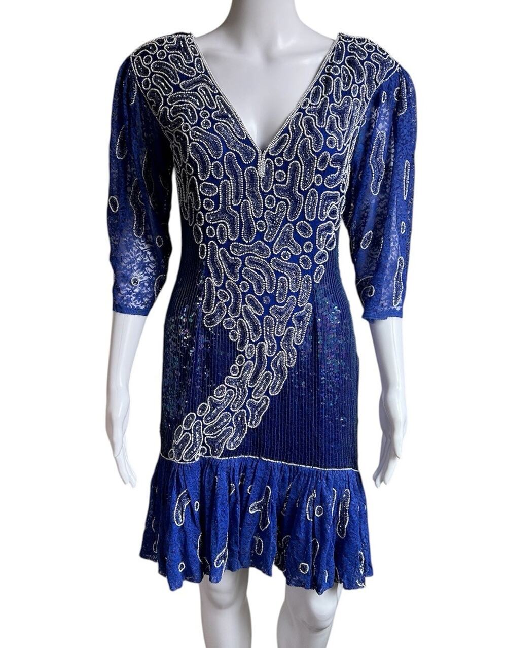 Vintage 100% Silk Fully Beaded Sequin Dress Blue Art Deco Cocktail S